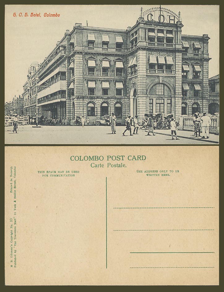 Ceylon Old Postcard G.O.H. Hotel Grand Oriental Hotel Colombo, York Street Scene