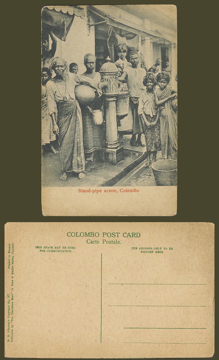 Ceylon Old Postcard Stand-Pipe Scene Colombo, Stand Pipe Fountain, Native Women
