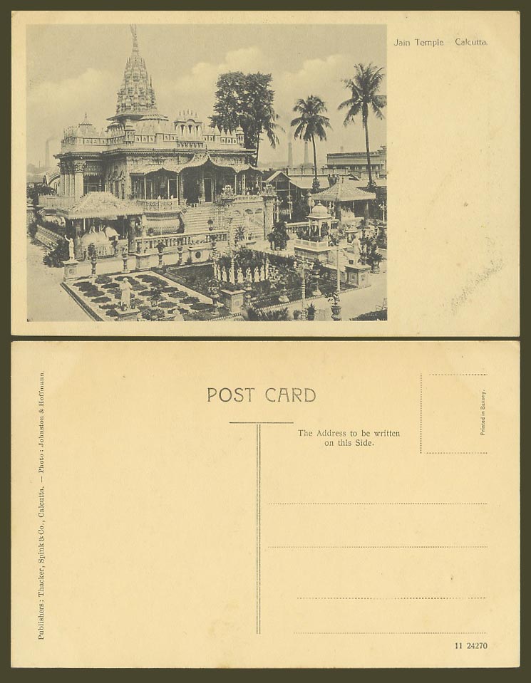 India Old Postcard Jain Temple Calcutta Gardens Palm Trees Ph. Johnston Hoffmann