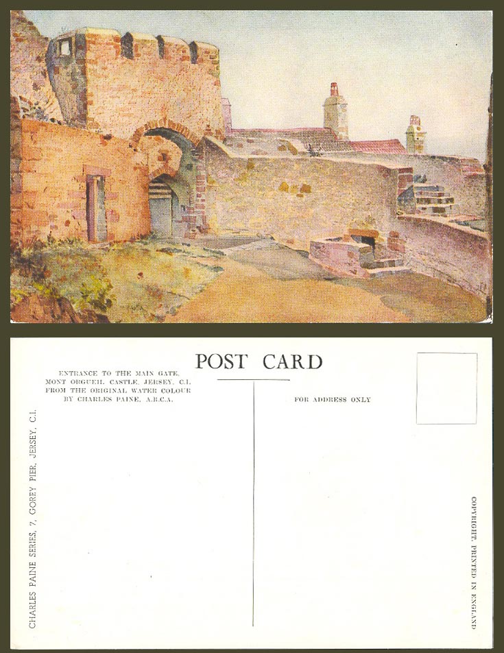 Jersey Old Postcard Entrance to Main Gate Mont Orgueil Castle C.I. Charles Paine