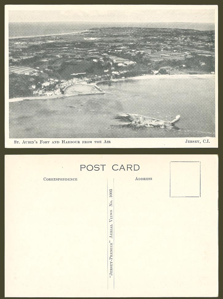 Jersey Old Postcard St. Aubin's Fort and Harbour from Air, Aerial View, Panorama