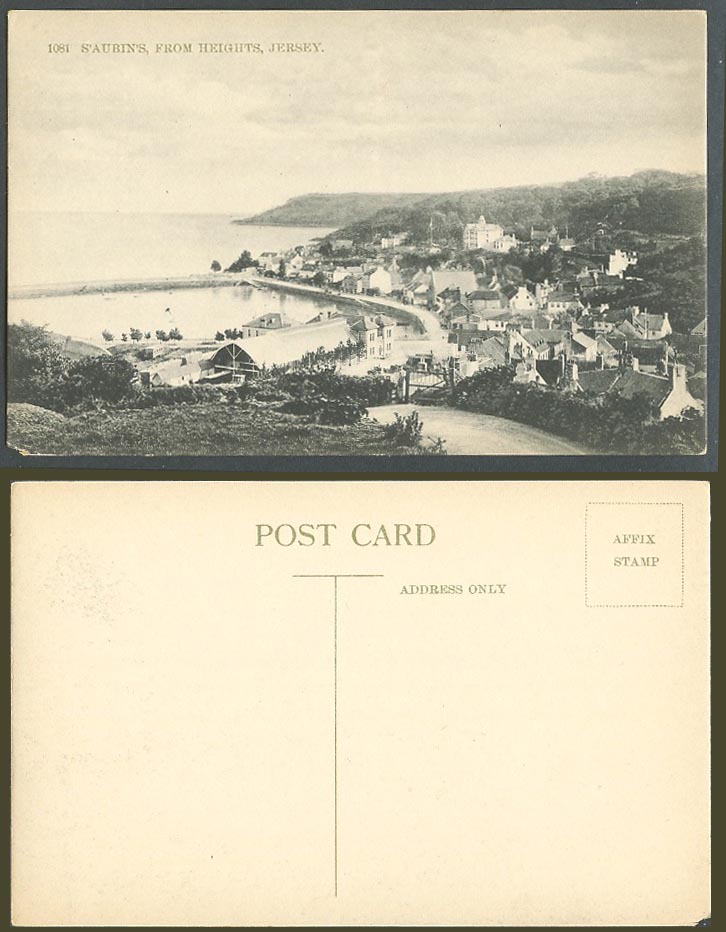 Jersey Old Postcard St. Aubin's from Heights, Harbour, Pier Jetty, Street Scene