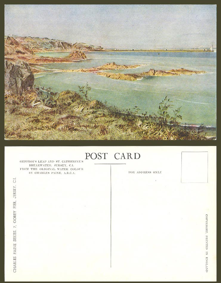 Jersey Old Postcard Geffroi's Leap and St. Catherine's Breakwater, Charles Paine