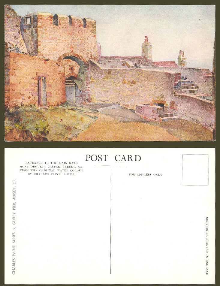 Jersey Old Postcard Entrance to Main Gate, Mont Orgueil Castle, by Charles Paine