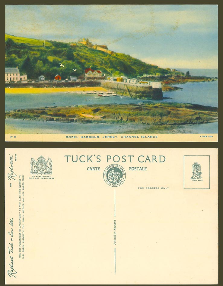 Jersey Tuck's Old Colour Postcard Rozel Bay Harbour Pier Jetty Boats Beach JY 97