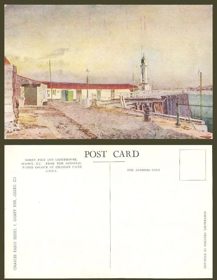 Jersey Old Colour Postcard Gorey Pier & Lighthouse Artist Drawn by Charles Paine