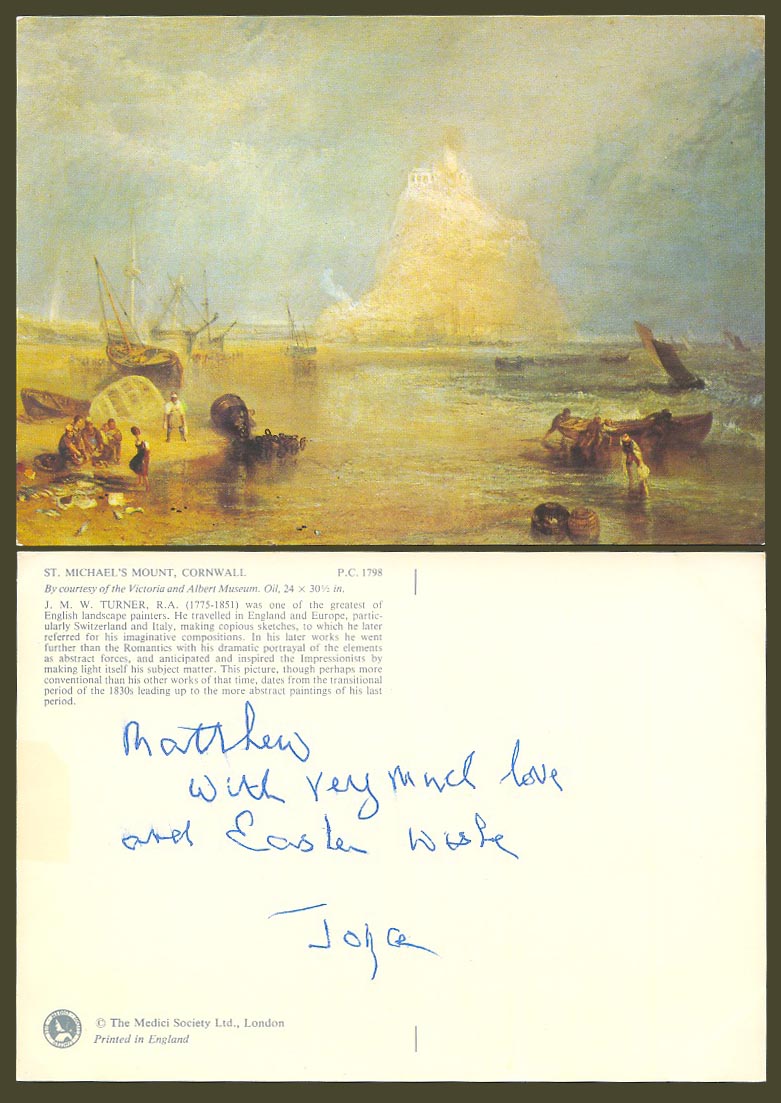 St. Michael's Mount Cornwall Boats Artist Drawn by J.M.W. Turner Larger Postcard