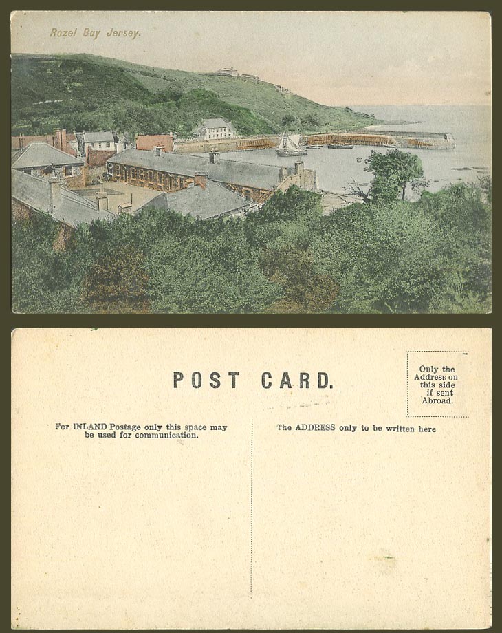 Jersey Old Hand Tinted Postcard Rozel Bay, Harbour Pier Jetty Sailing Boats Ship