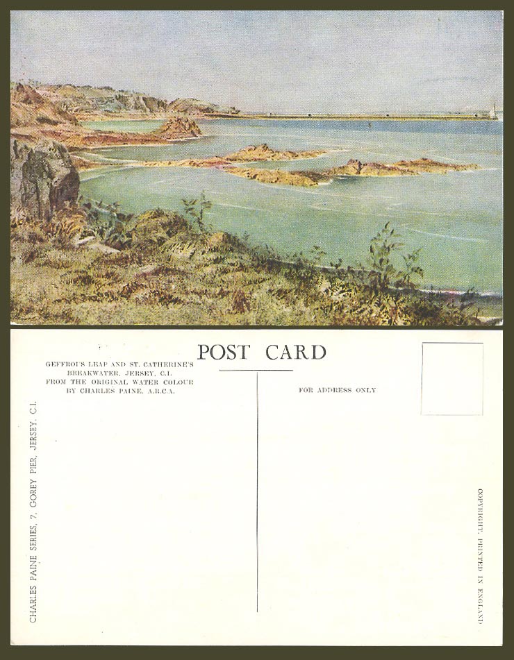 Jersey Old Postcard Geffroi's Leap & St. Catherine's Breakwater by Charles Paine
