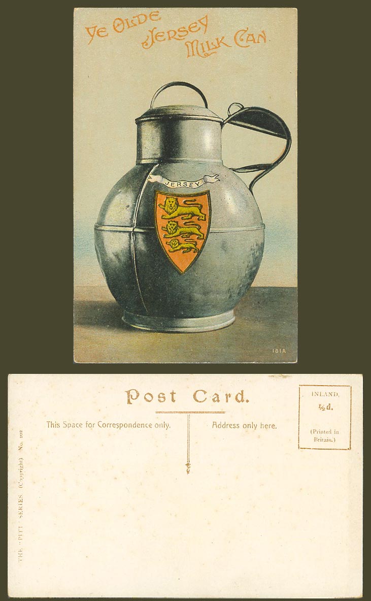 Jersey Old Colour Postcard Ye Olde Jersey Milk Can, Golden Leopards Coat of Arms