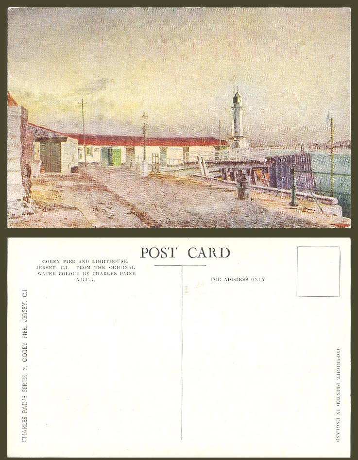 Jersey Old Colour Postcard Gorey Pier and Lighthouse, Charles Paine Artist Drawn
