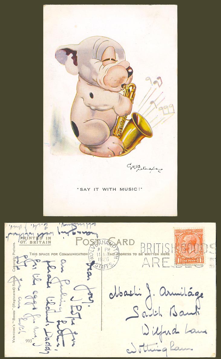 BONZO DOG GE Studdy 1926 Old Postcard Playing Saxophone - Say it with Music! 993