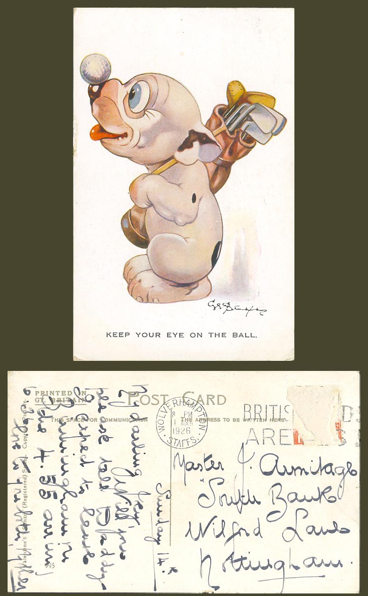 BONZO DOG GE Studdy 1926 Old Postcard Keep U Eye on Ball Golf Golfer Golfing 995
