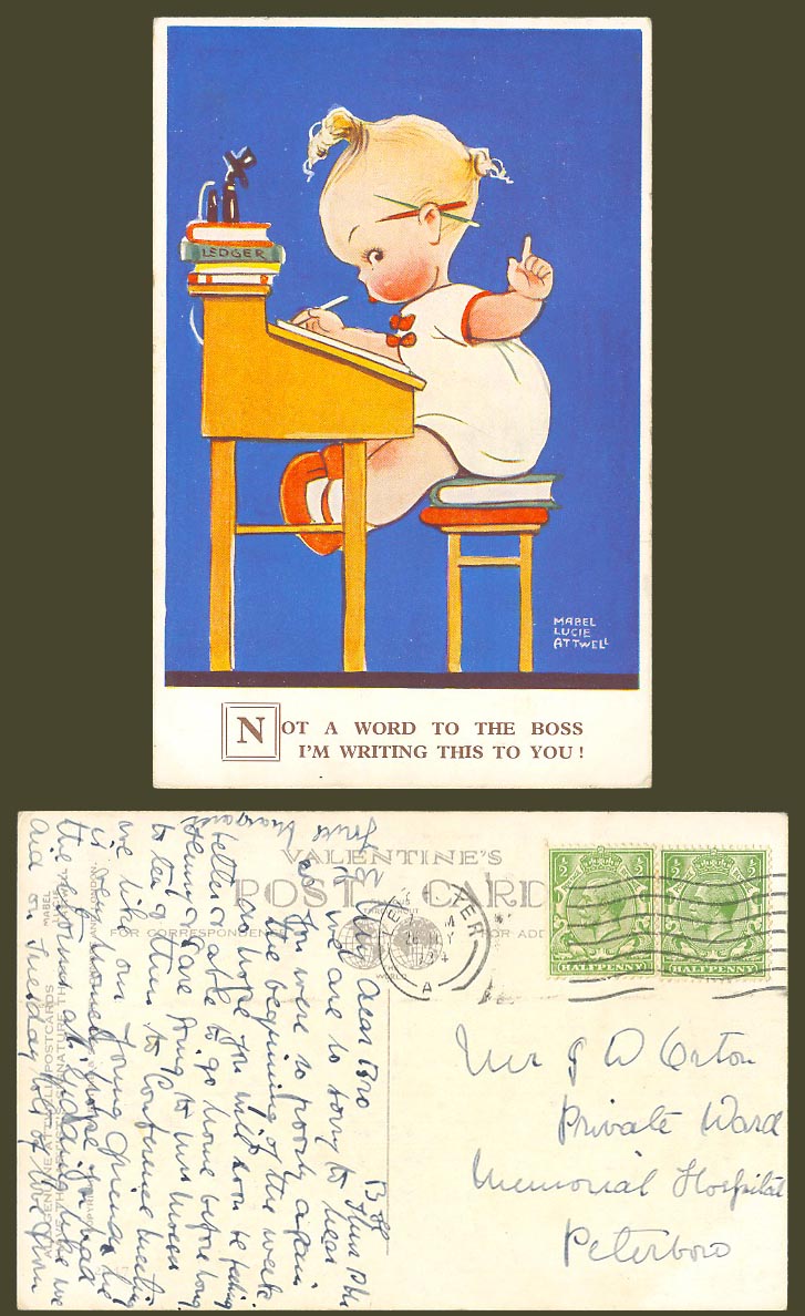 MABEL LUCIE ATTWELL 1934 Old Postcard Not A Word to The Boss I Write to You 2647