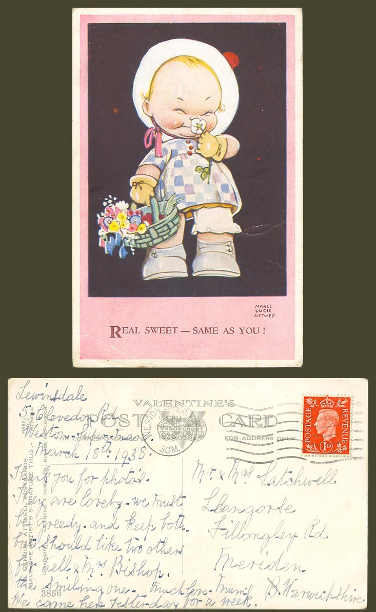 MABEL LUCIE ATTWELL 1938 Old Postcard Real Sweet Same as You! Girl Flowers 3856
