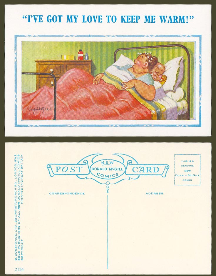 Donald McGill Old Postcard Man Woman Sleep I've Got My Love to Keep Me Warm 2126