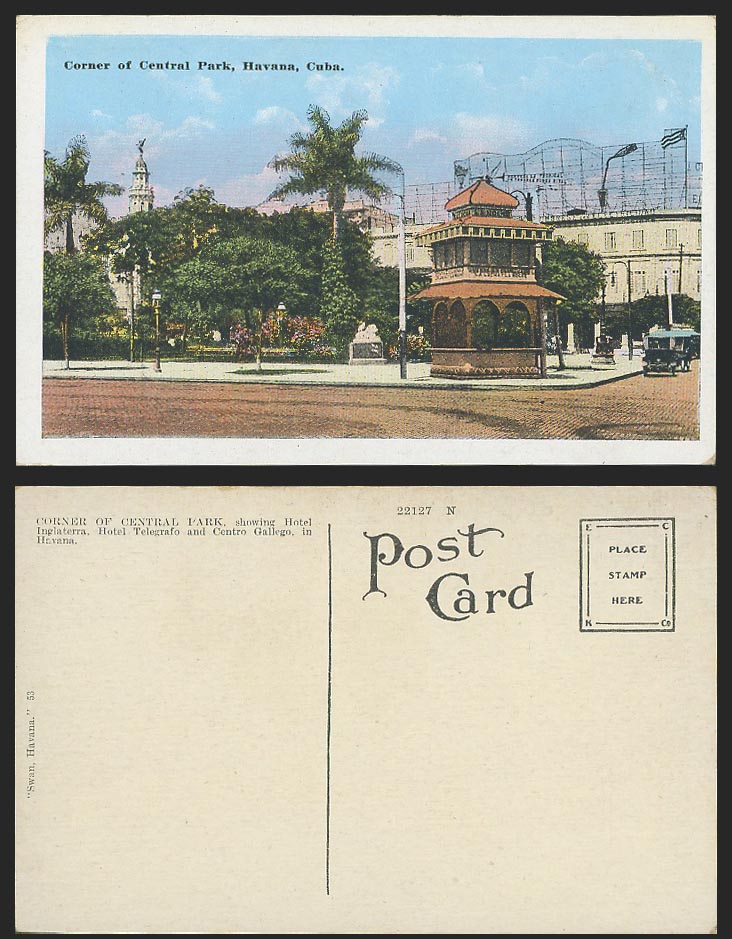 Cuba Old Postcard Habana Havana Central Park Hotel Ingl Telegrafo Centro Gallego
