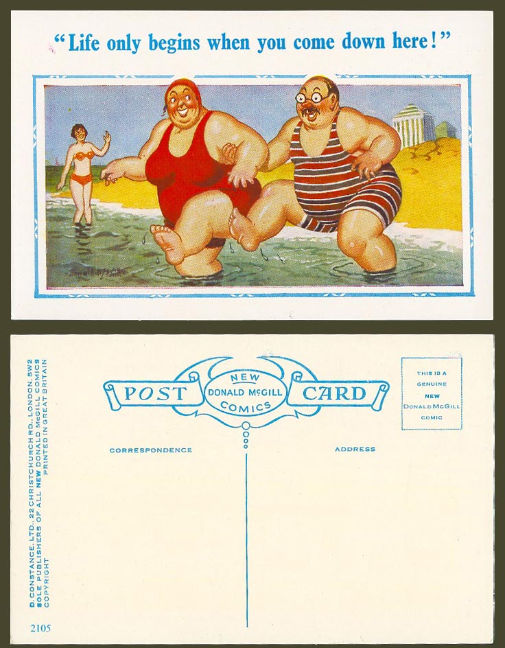 Donald McGill Old Postcard Fat Lady, Life begins when you come down here No.2105