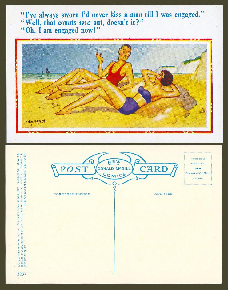 Donald McGill Old Postcard Sworn I'd Never Kiss a Man Till I was Engaged No.2237