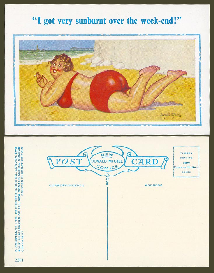 Donald McGill Old Postcard Fat Lady Woman Smoking, Beach, Got very Sunburnt 2201