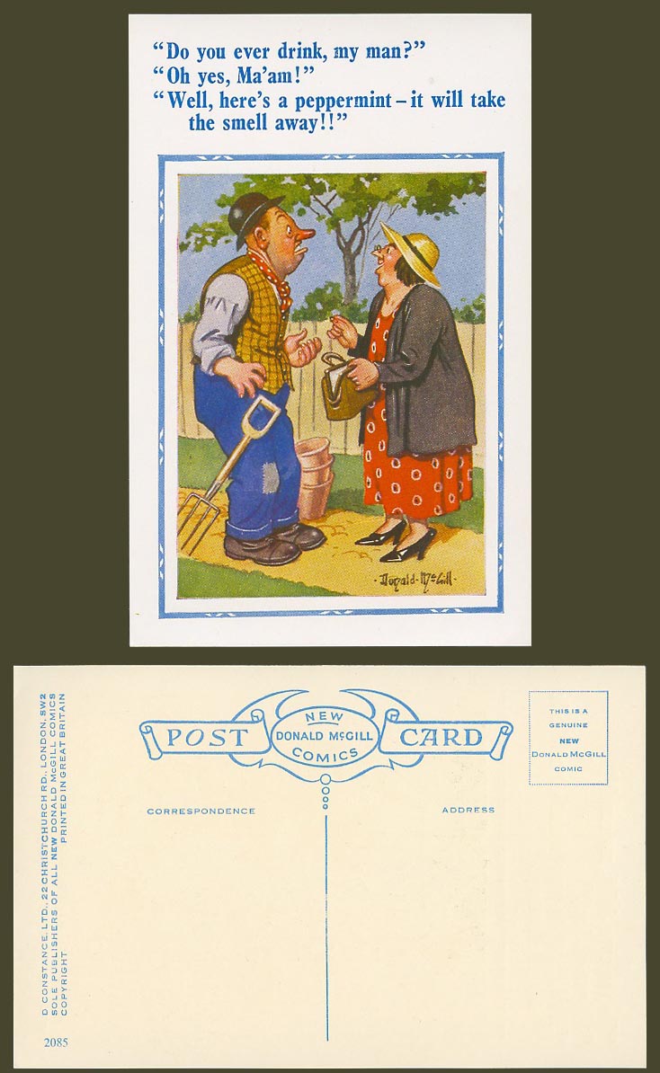Donald McGill Old Postcard Drunk Gardener - Peppermint will take smell Away 2085