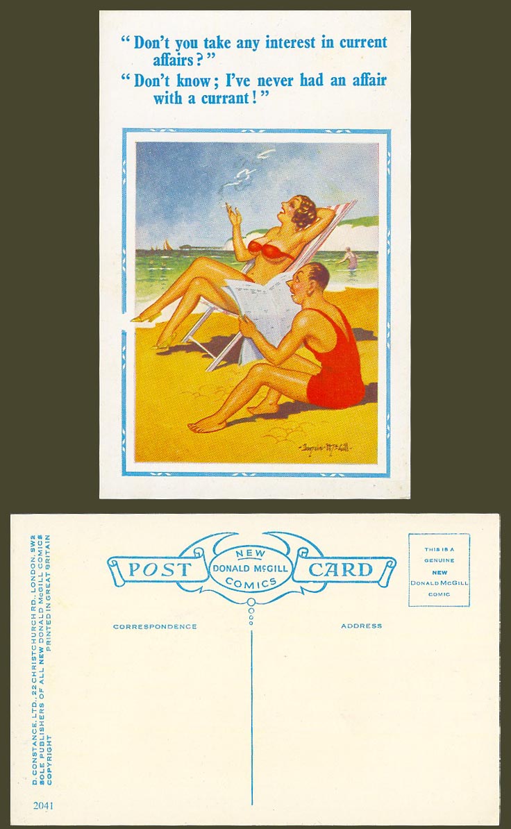 Donald McGill Old Postcard I've Never Had an Affair with a Currant on Beach 2041