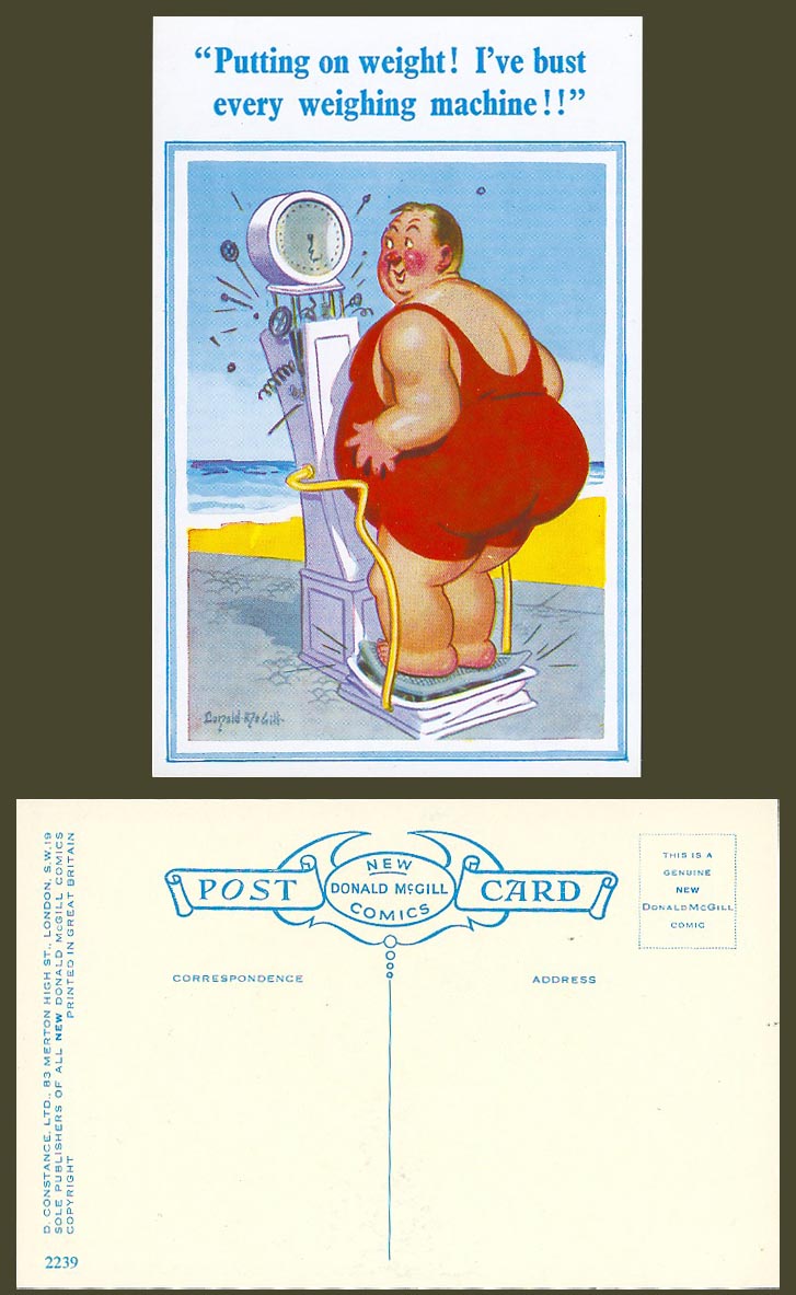 Donald McGill Old Postcard Putting on Weight, Burst Every Weighing Machine! 2239