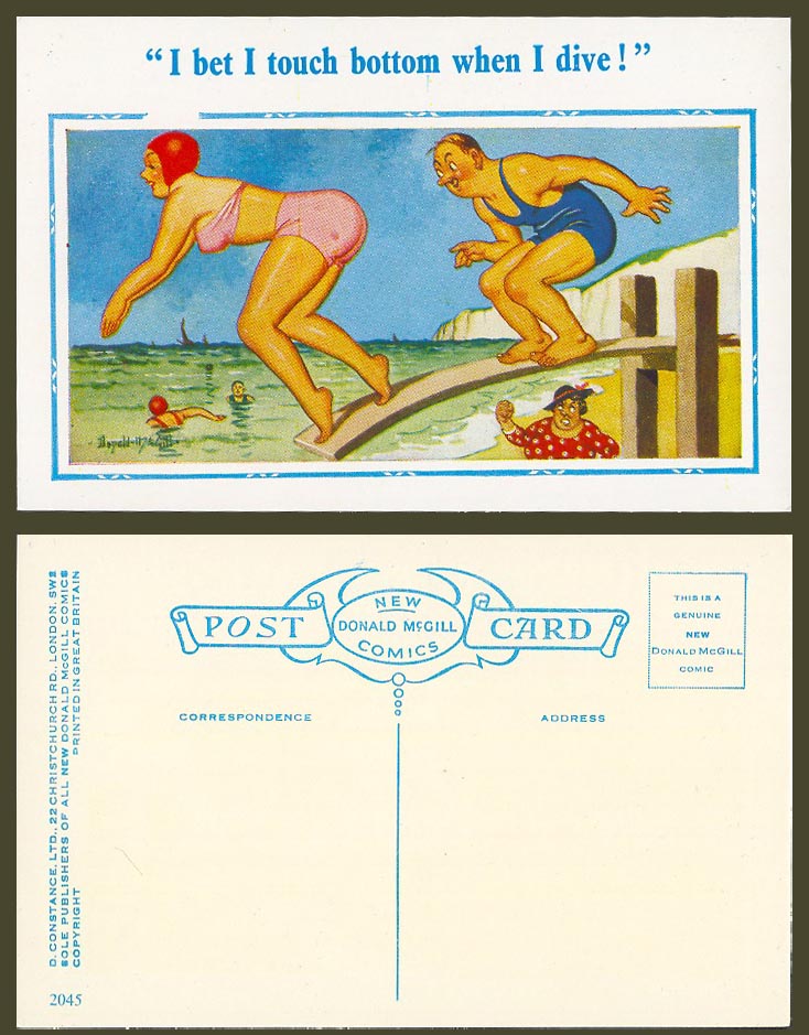 Donald McGill Old Postcard Bet I Touch Bottom When I Dive!Diver Diving No. 2045