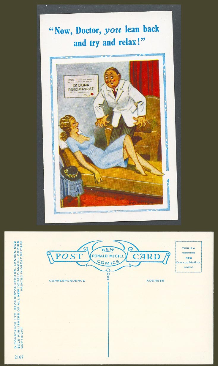 Donald McGill Old Postcard Doctor Dunk Psychiatrist You Lean Back and Relax 2167