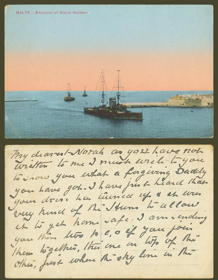 Malta Old Colour Postcard Entrance of Grand Harbour - Warships Battleships Ships