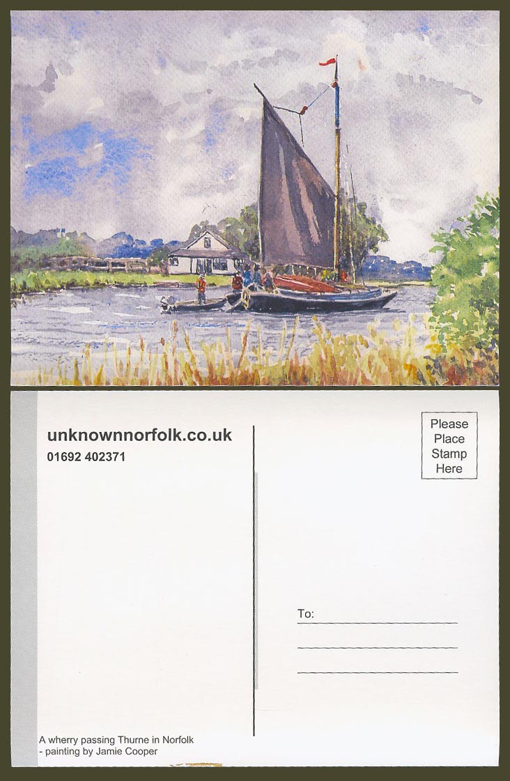 Unknown Norfolk Gallery, A Wherry Passing Thurne, by Jamie Cooper Postcard Boats