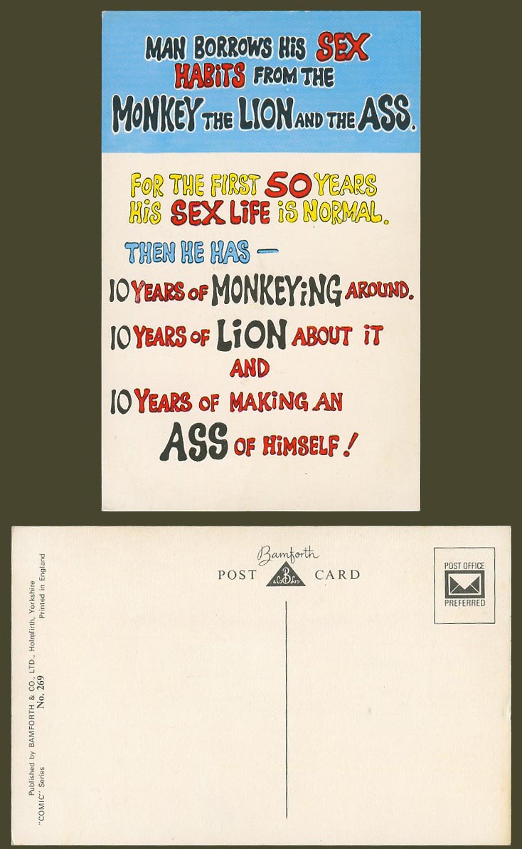 Man Borrows His Sex Habits from The Monkey Lion and The Ass, Humour Old Postcard