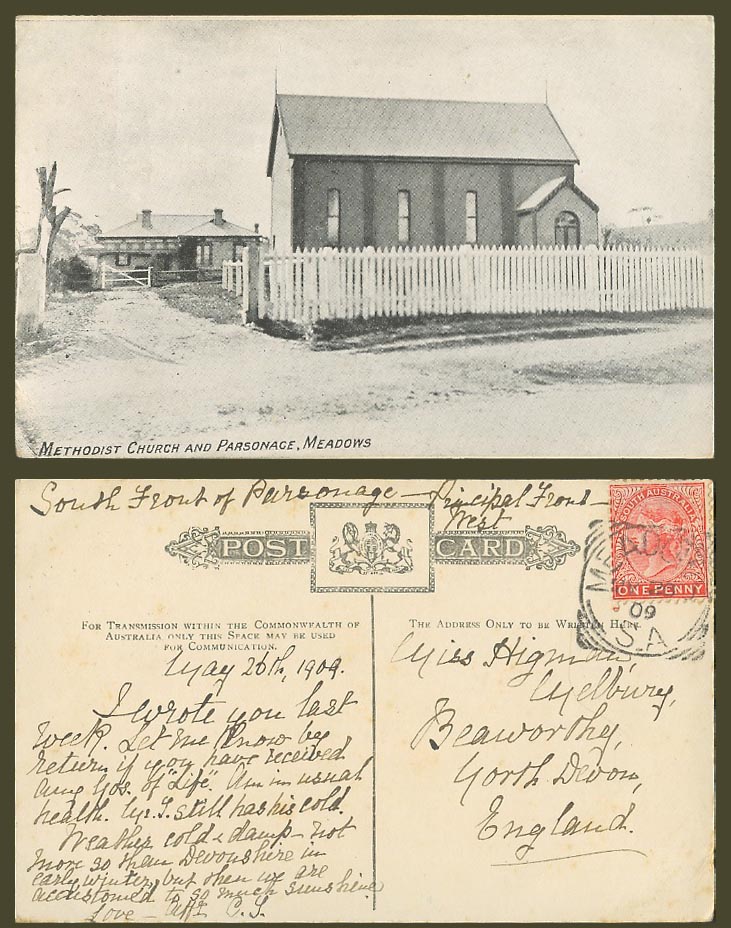 South Australia QV 1d 1909 Old Postcard Meadows - Methodist Church and Parsonage
