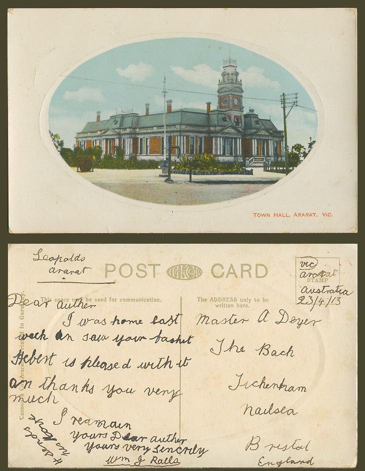 Australia 1913 Old Embossed Postcard Ararat Town Hall Vic. Victoria Cannon & Co.