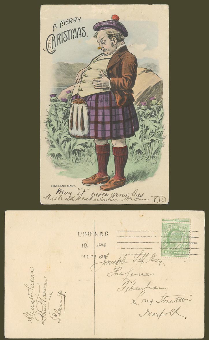 Scottish Man in Kilts Highland Mary A Merry Christmas 1903 Old Postcard Greeting