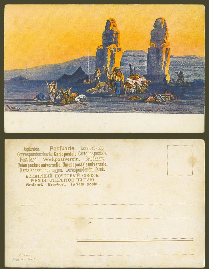 Egypt F Perlberg Old ART Postcard COLOSSI of MEMNON Thebes Prayer Camels Resting