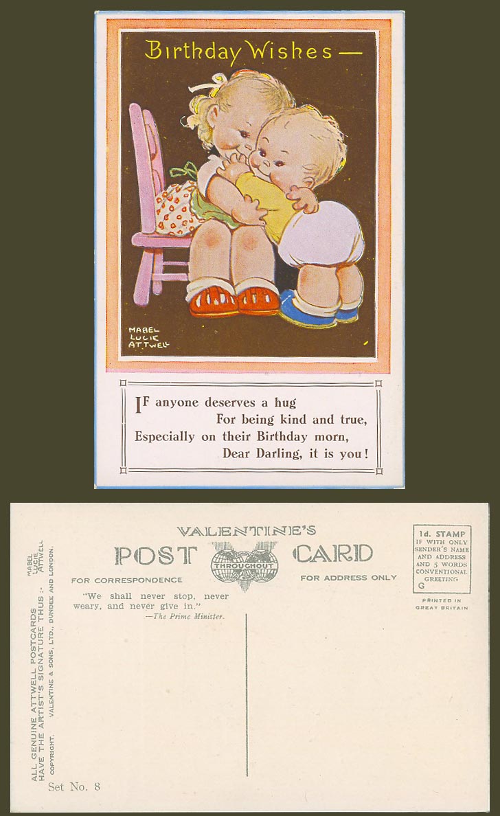 MABEL LUCIE ATTWELL Old Postcard Birthday Wishes Deserve a Hug Set No. 8, Slogan