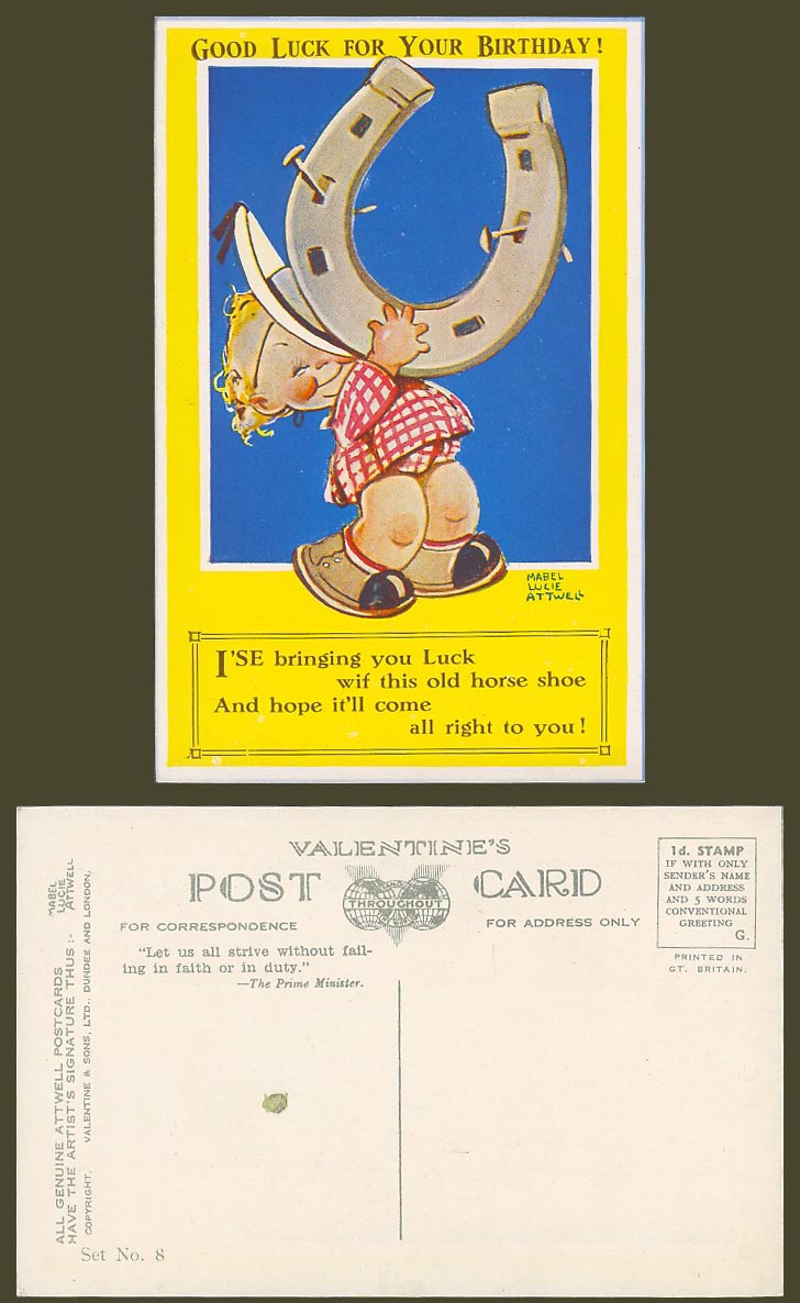 MABEL LUCIE ATTWELL Old Postcard Good Luck for Ur Birthday Horseshoe Girl Set N8