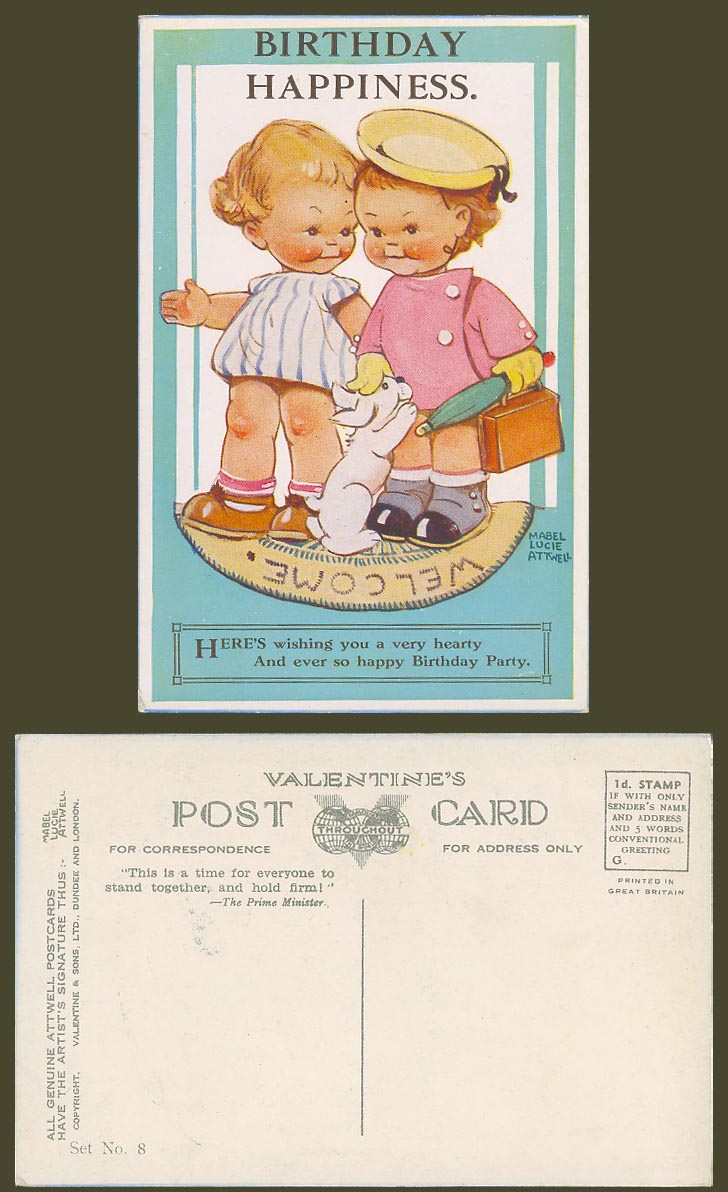 MABEL LUCIE ATTWELL Old Postcard Birthday Happiness Happy Party, Dog Girls Set 8