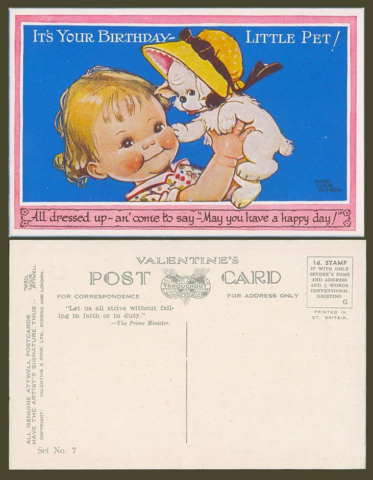 MABEL LUCIE ATTWELL Old Postcard It's Your Birthday Little Pet Dog Puppy Set N.7