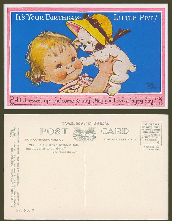 MABEL LUCIE ATTWELL Old Postcard It's Your Birthday Little Pet Dog Girl Set No.7