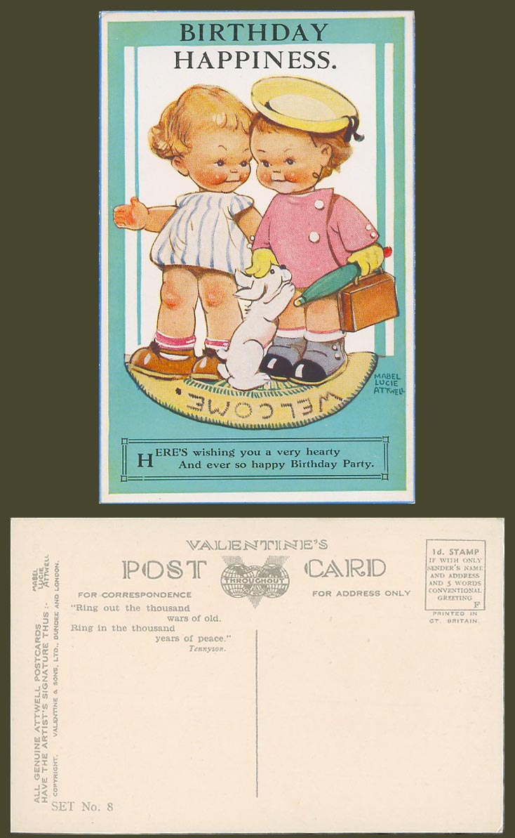 MABEL LUCIE ATTWELL Old Postcard Birthday Happiness Happy Party Set N 8 Tennyson