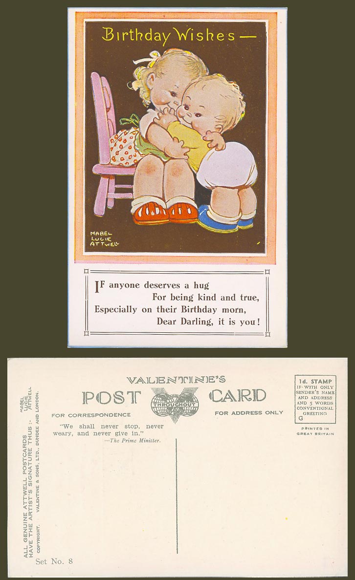 MABEL LUCIE ATTWELL Old Postcard Birthday Wishes Deserve a Hug Set 8, WW2 Slogan