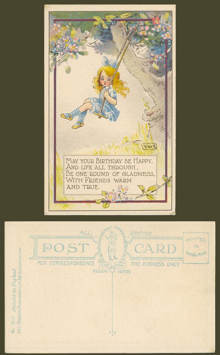 V.W.S. Old Postcard Girl on Swing Birthday be Happy Life all Through of Gladness