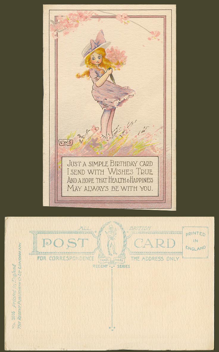 V.W.S. Artist Signed Old Postcard Birthday Wishes True Health Happiness with You