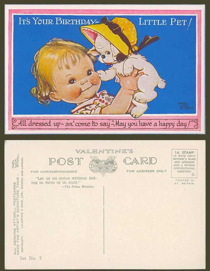 MABEL LUCIE ATTWELL Old Postcard It's Your Birthday Little Pet! Set No. 7 Slogan