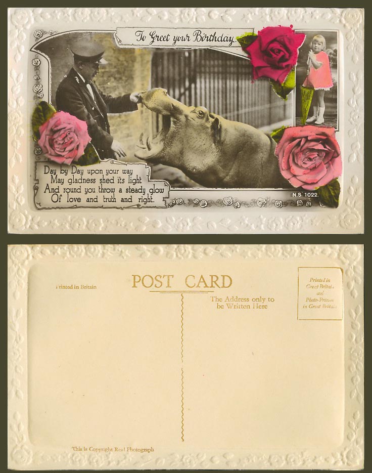 Hippopotamus Zoo Keeper Hippo. Zoo Animal Greet Birthday Roses Girl Old Postcard