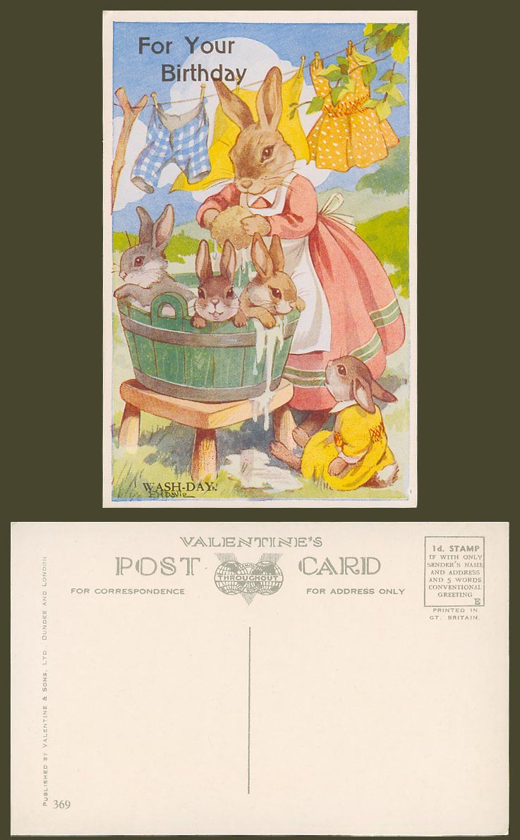 EH Davie Artist Signed Old Postcard Wash-Day, Rabbits Bathing, For Your Birthday