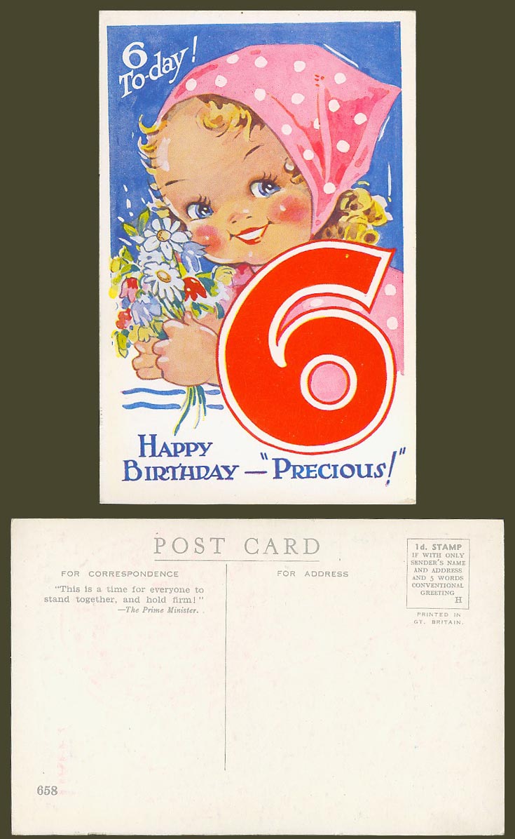 Agnes Richardson Old Postcard 6 Today Happy Birthday Precious! Girl with Flowers