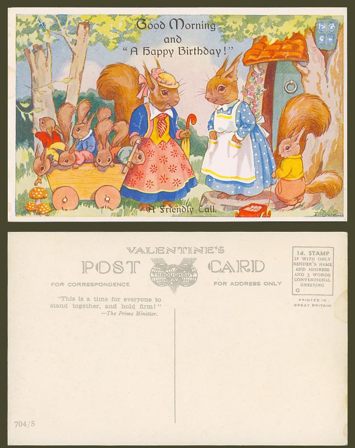 EH Davie Old Postcard Squirrels A Friendly Call Squirrels, Good Morning Birthday
